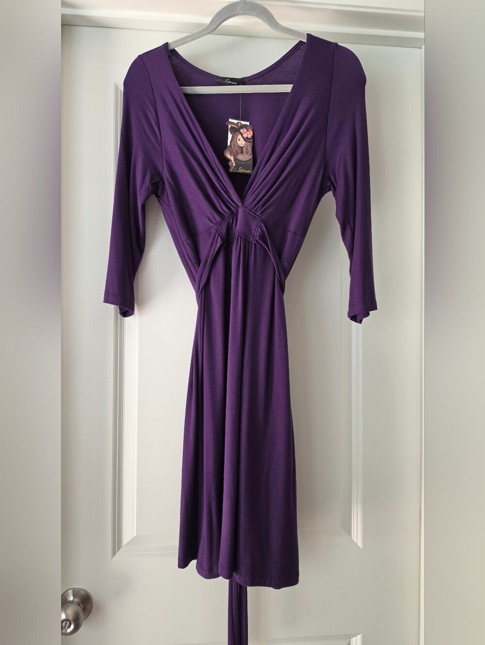 NWT-Soprano Women's Purple Deep V Neck Tie Waist Dress